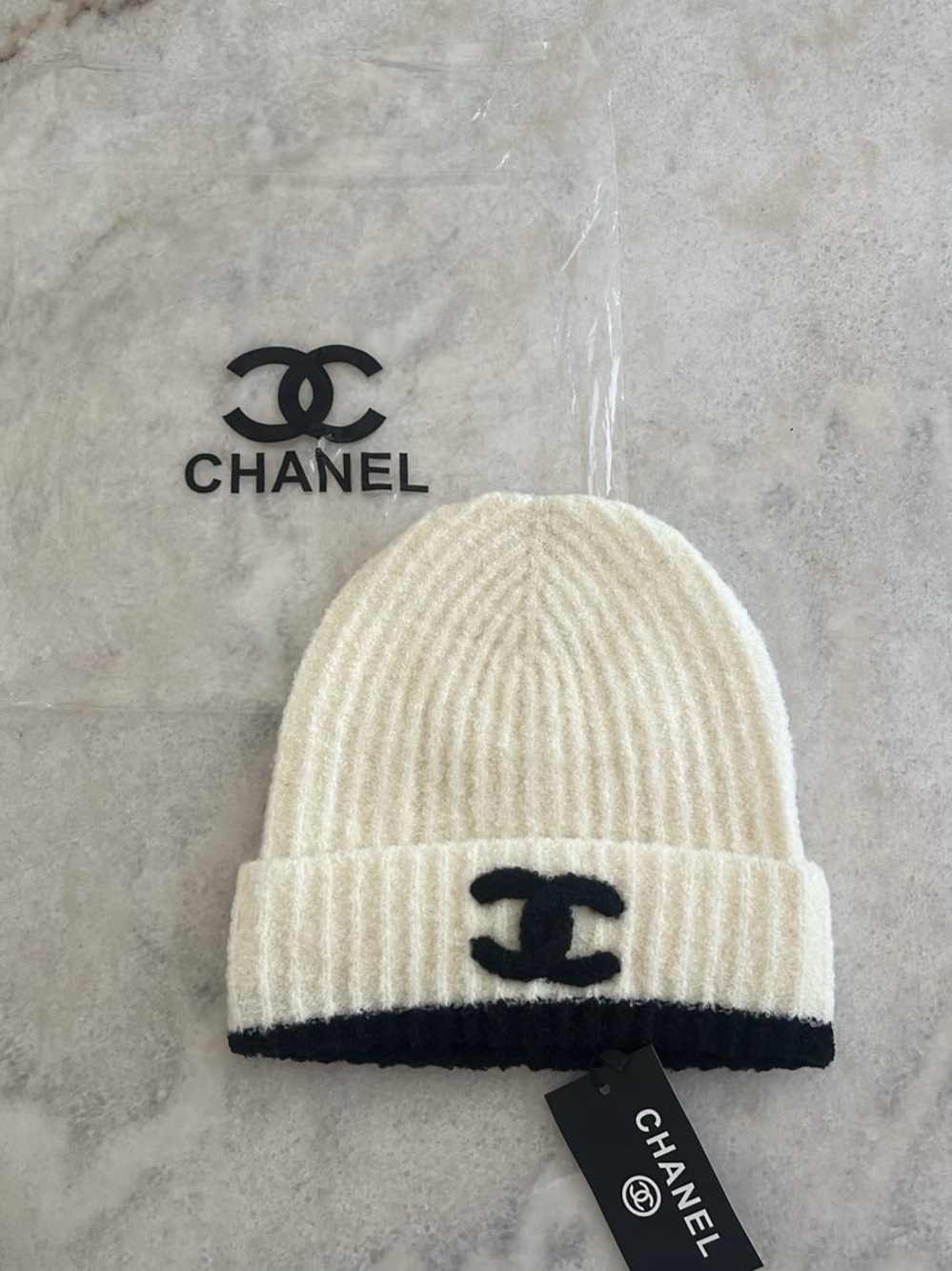 CHANEL Cream Knit Beanie with Black Logo and Trim